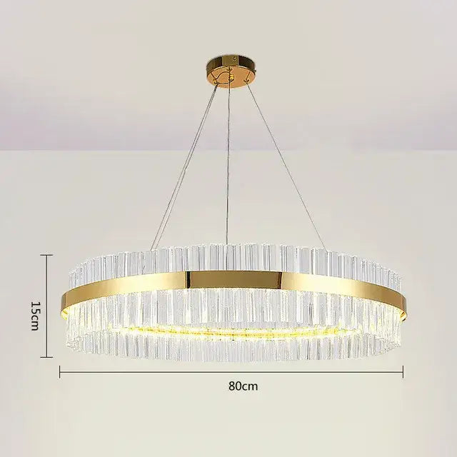 Modern gold crystal led circle pendant chandelier featuring clear crystal rods and an illuminated led circle for living room decorbites crystal led
