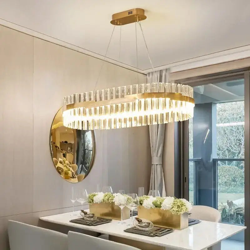 Modern gold crystal led circle pendant chandelier with vertical crystal rods and illuminated inner ring for living room decorbites crystal led
