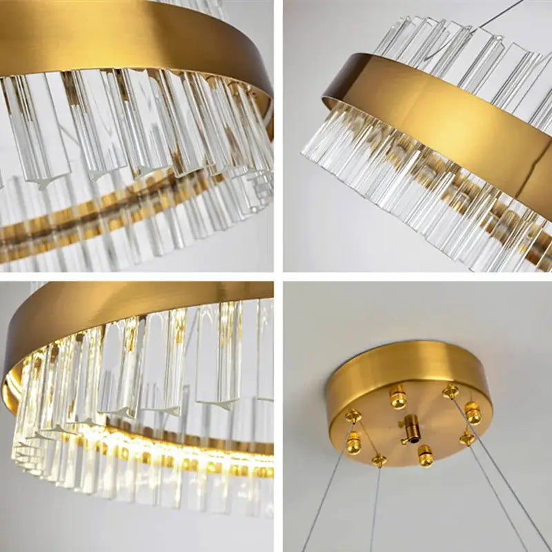 Modern gold crystal led circle pendant chandelier with clear crystal prisms on brass ring for living room decorbites crystal led