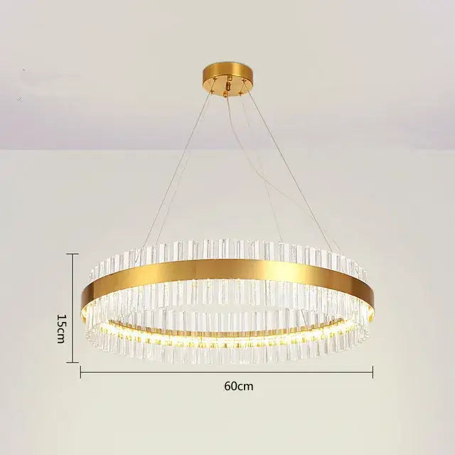 Modern gold crystal led circle pendant chandelier with clear crystal rods and illuminated led circle for living room decorbites crystal led