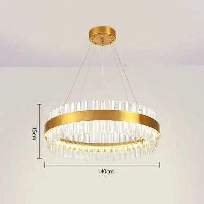 Modern gold crystal led circle pendant chandelier featuring clear crystal rods and an illuminated led circle for living room decorbites crystal led