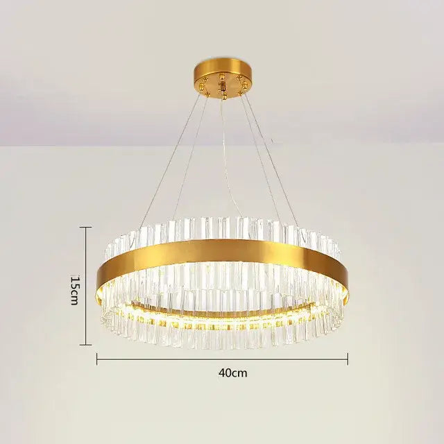 Modern gold crystal led circle pendant chandelier featuring clear crystal rods and an illuminated led circle for living room decorbites crystal led