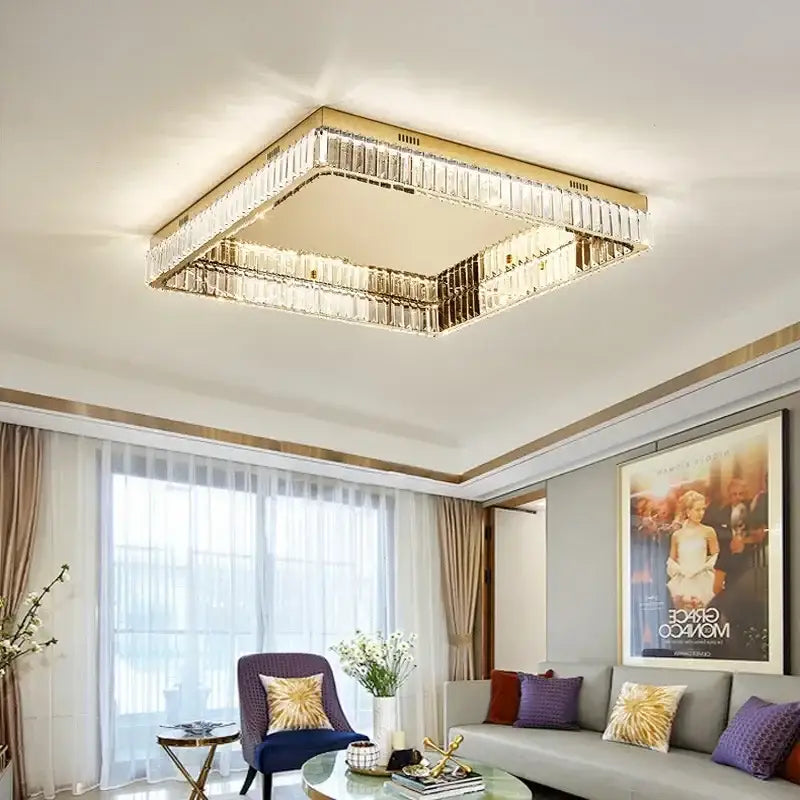 Modern gold crystal led dimmable ceiling lights with square gold frame and illuminated glass panels for living room decorbites crystal led