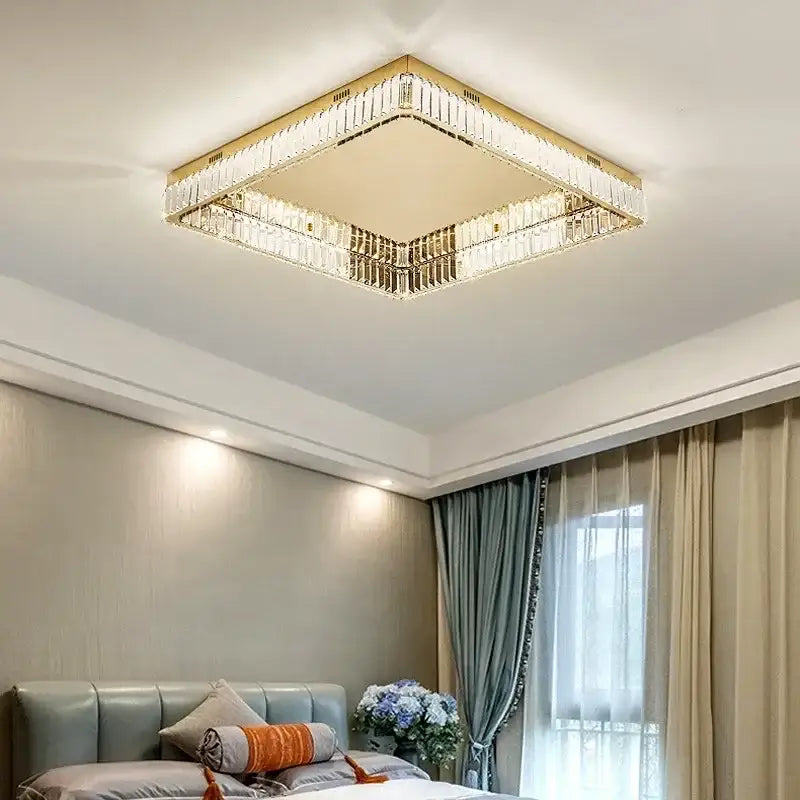 Modern gold crystal led dimmable ceiling lights with a square crystal chandelier and illuminated edges for living room decorbites