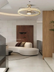 A modern gold crystal led fan light with circular crystal-encrusted frame and reversible blades for bedroom decorbites crystal led fan