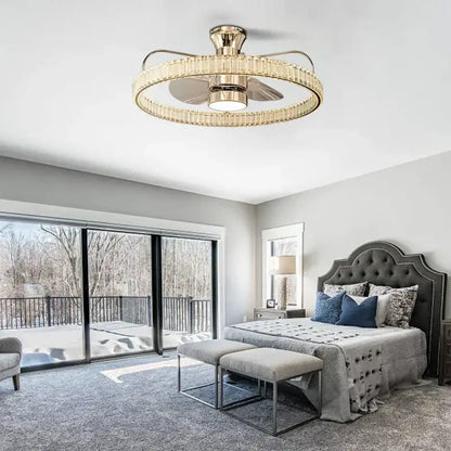 Modern gold crystal led fan light with crystal encrusted ring and integrated light fixture for bedroom decorbites crystal led