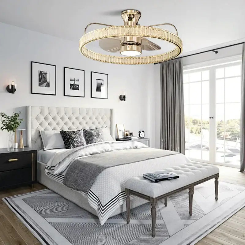 Modern gold crystal led fan light with circular crystal-encrusted design and integrated lighting for bedroom decorbites crystal led