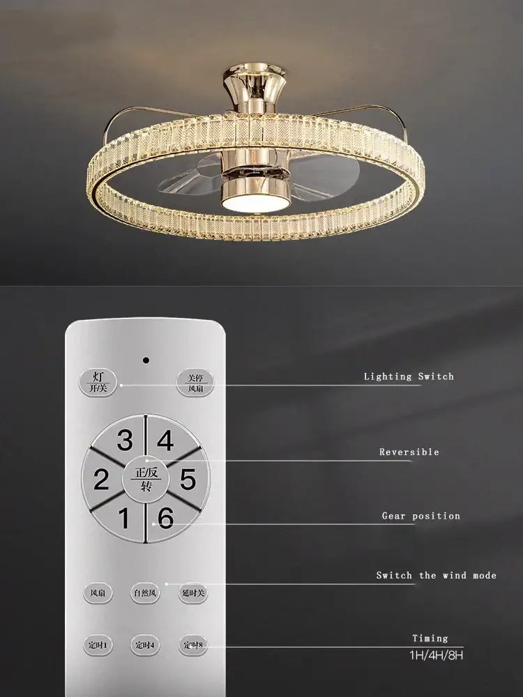 Modern gold crystal led fan light with transparent reversible blades and integrated decorbites crystal led ring light