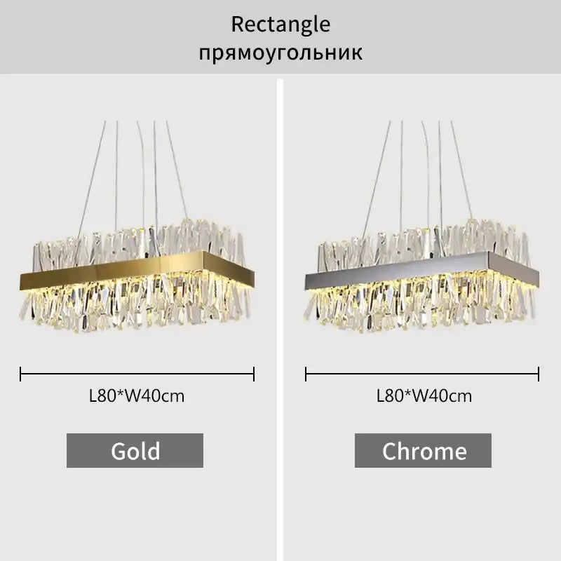 Modern gold crystal led pendant chandelier with a rectangular chrome frame and cascading clear crystal droplets for dining room decorbites crystal led