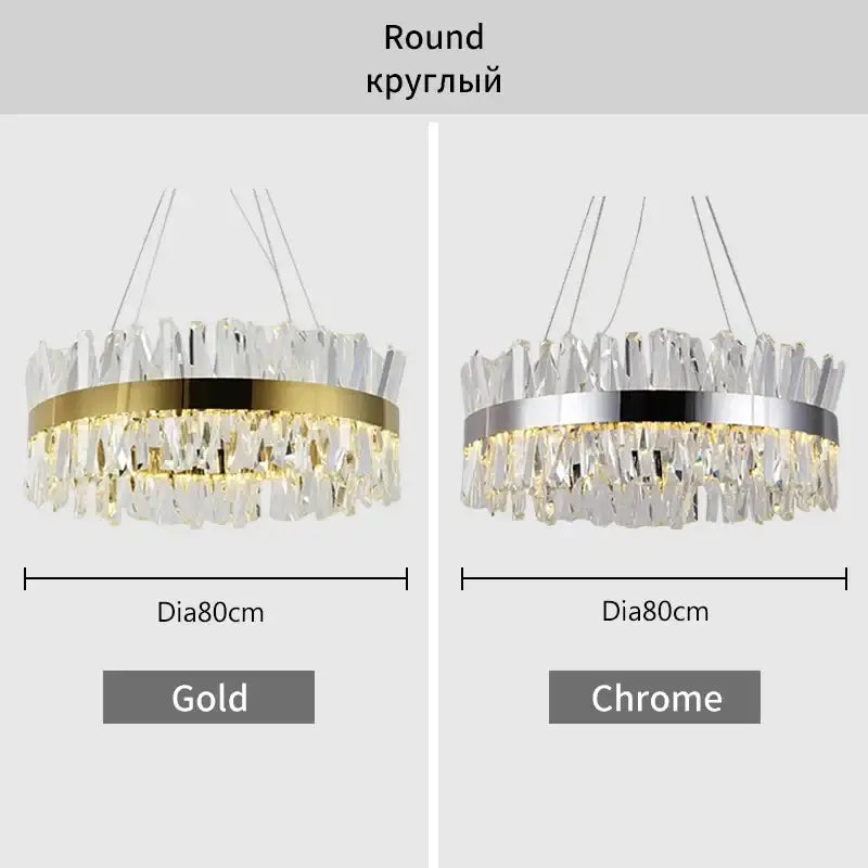 Modern gold crystal led pendant chandelier featuring cascading clear crystal shards and metallic band for dining room decorbites crystal led chrome option available