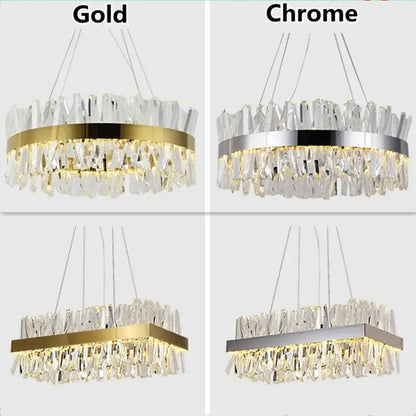 Modern gold crystal led pendant chandelier with sleek metallic frame available in gold or crystal led chrome finish for dining room decorbites