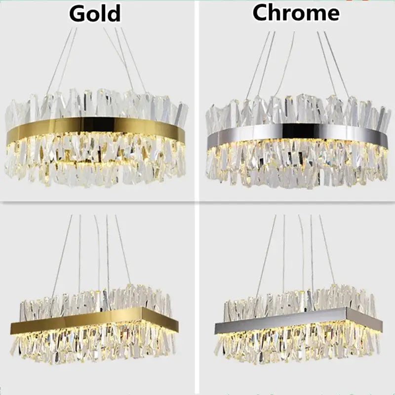 Modern gold crystal led pendant chandelier with sleek metallic frame available in gold or crystal led chrome finish for dining room decorbites