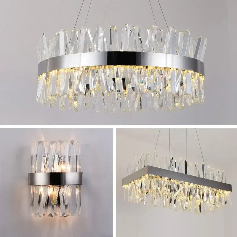 Modern gold pendant chandelier with sleek chrome frame and cascading clear faceted prisms decorbites crystal led chrome