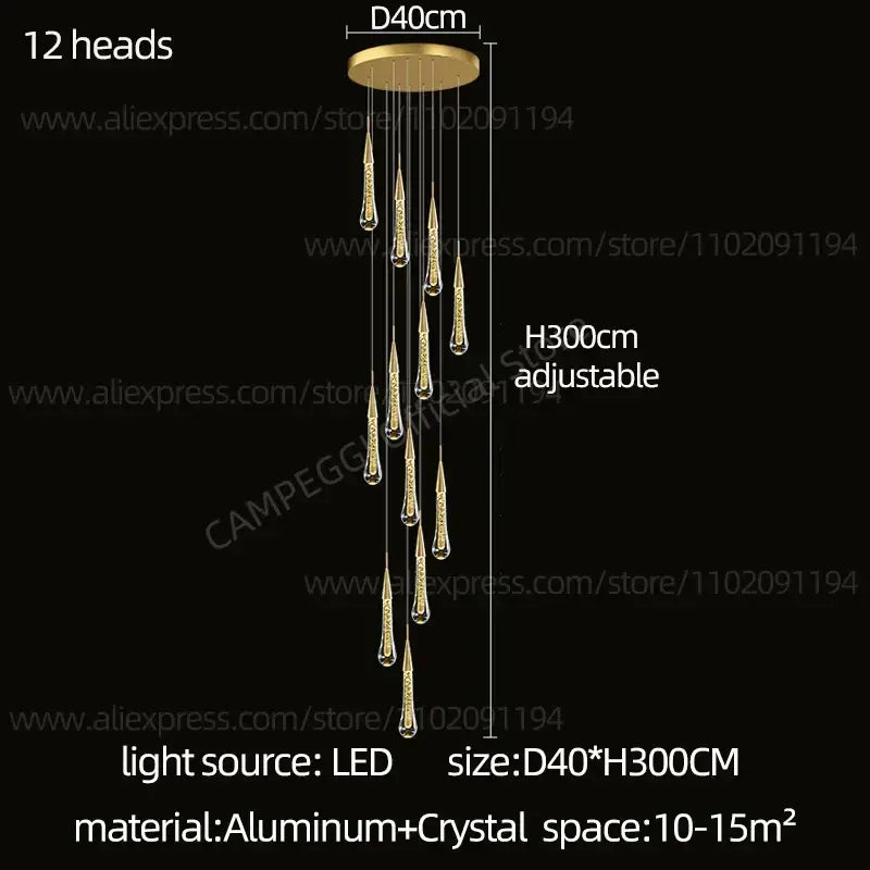 Modern gold crystal led pendant chandelier with 12 crystal teardrop pendants and aluminum ceiling mount decorbites crystal led