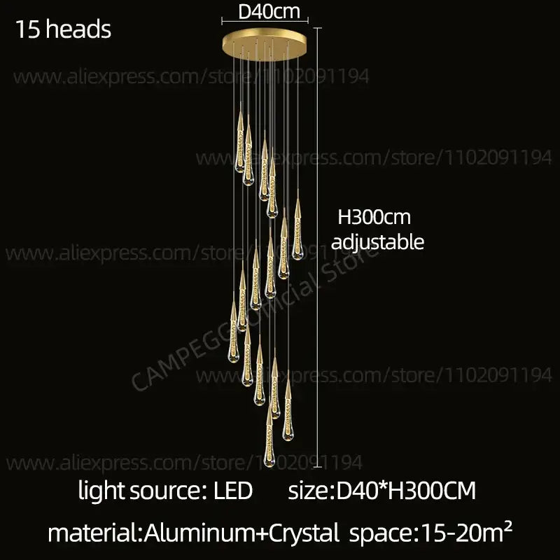 Modern gold crystal led pendant chandelier featuring 15 teardrop lights for elegant living room decorbites crystal led design