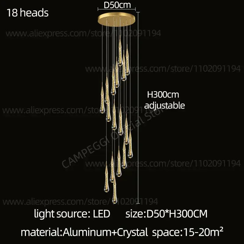 Modern gold crystal led pendant chandelier with 18 teardrop-shaped light fixtures on aluminum base for living room decorbites crystal led