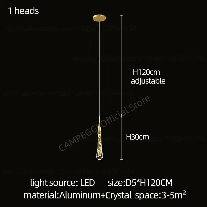 Modern gold crystal led pendant chandelier with a teardrop crystal body and adjustable aluminum suspension chain decorbites crystal led