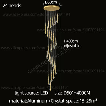 Modern gold crystal led pendant chandelier with 24 teardrop lights and aluminum mount for living room decorbites crystal led