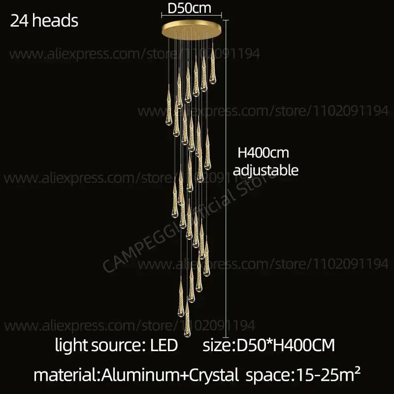 Modern gold crystal led pendant chandelier with 24 teardrop lights and aluminum mount for living room decorbites crystal led