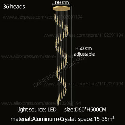 Modern gold crystal led pendant chandelier with 36 crystal teardrop lights on aluminum ceiling mount decorbites crystal led