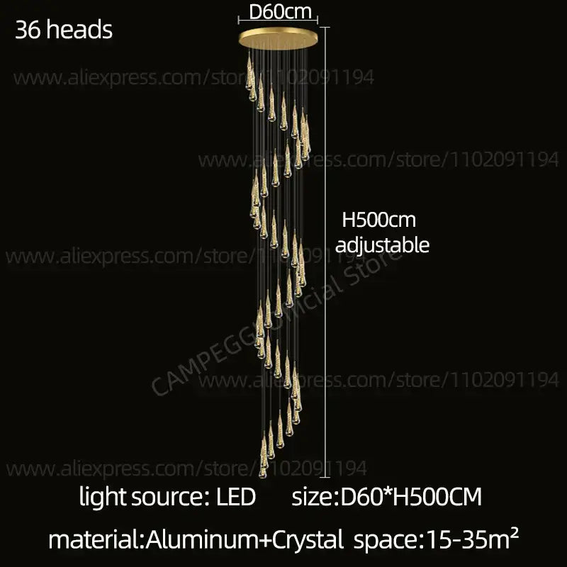 Modern gold crystal led pendant chandelier with 36 crystal teardrop lights on aluminum ceiling mount decorbites crystal led