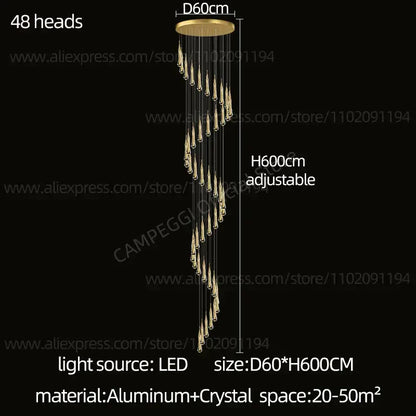 Modern gold crystal led pendant chandelier featuring 48 crystal teardrop pendants from an aluminum ceiling mount by decorbites crystal led
