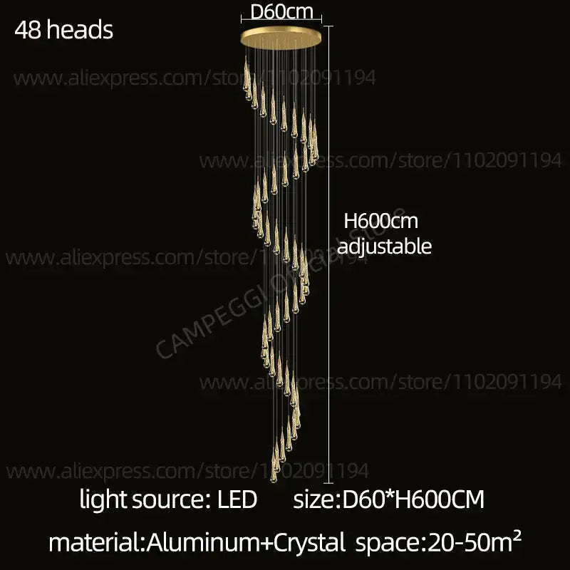 Modern gold crystal led pendant chandelier featuring 48 crystal teardrop pendants from an aluminum ceiling mount by decorbites crystal led