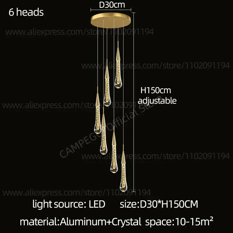 Modern gold crystal led pendant chandelier featuring six gold-toned crystal led pendant shades and aluminum fixture
