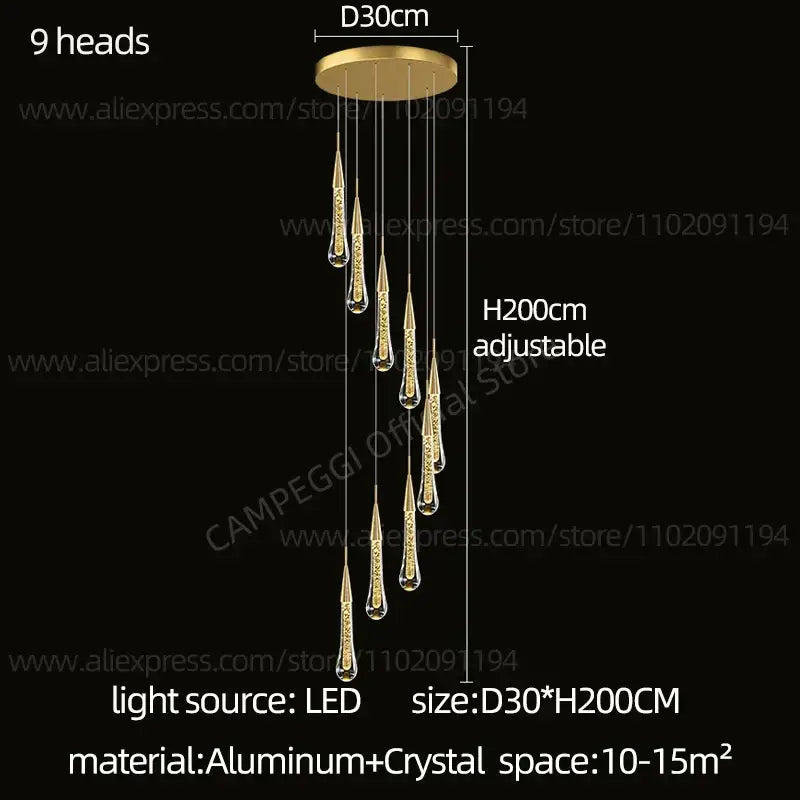 Modern gold crystal led pendant chandelier with nine teardrop lights and aluminum ceiling mount by decorbites crystal led