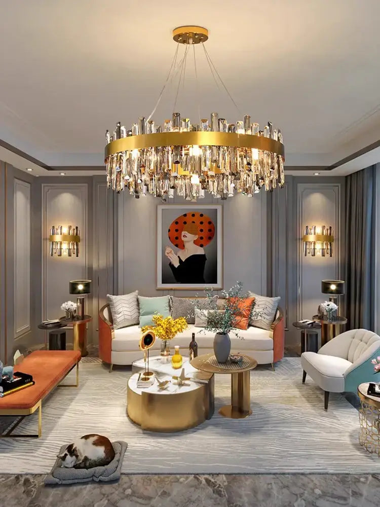 A modern gold crystal led pendant light with circular frame hanging from ceiling for dining room decorbites crystal led