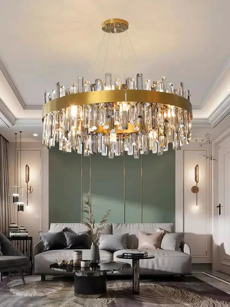 Modern gold crystal led pendant light featuring cascading clear crystal rods and embedded lights for dining room decorbites crystal led pendant