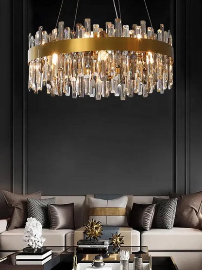 Modern gold crystal led pendant light with cascading clear crystal rods for elegant dining room decorbites crystal led decor