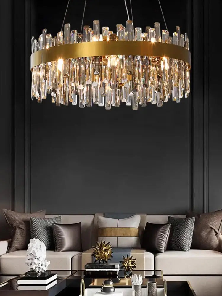 Modern gold crystal led pendant light with cascading clear crystal rods for elegant dining room decorbites crystal led decor