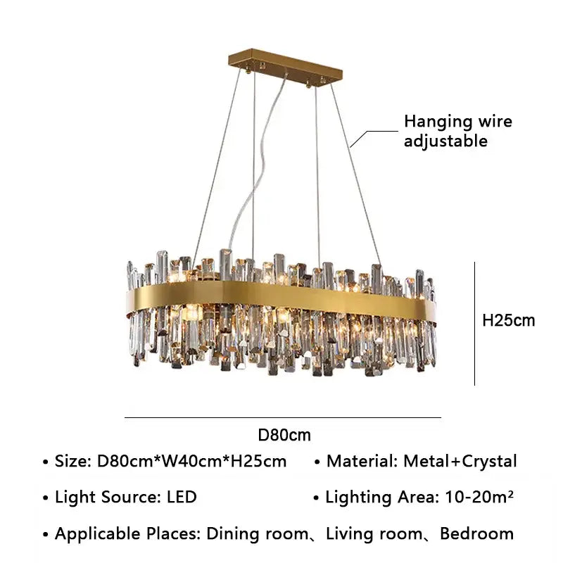 Modern gold crystal led pendant light featuring a circular metal frame with dangling crystal rods for dining room decorbites crystal led