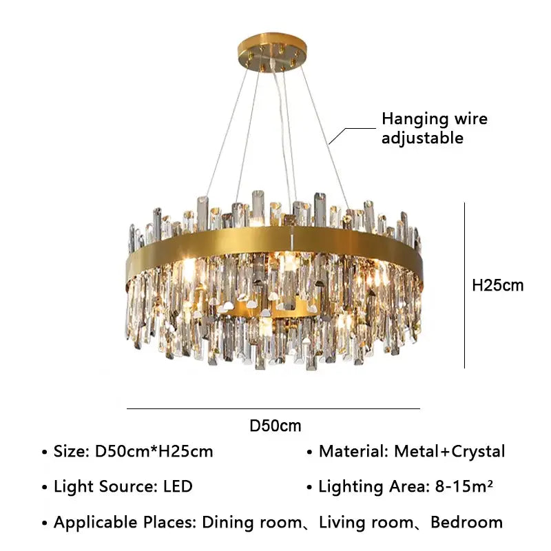 Modern gold pendant light with cascading clear crystal prisms and led lighting for dining room decorbites crystal led