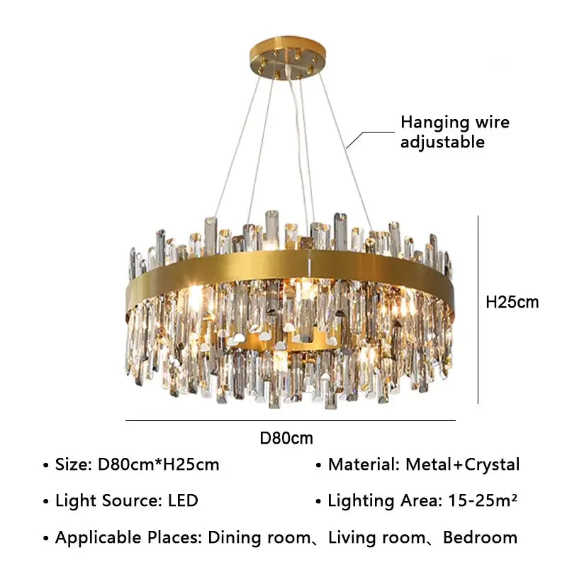Modern gold crystal led pendant light with circular chandelier, cascading clear crystal strands, and adjustable wires for dining room decorbites crystal led