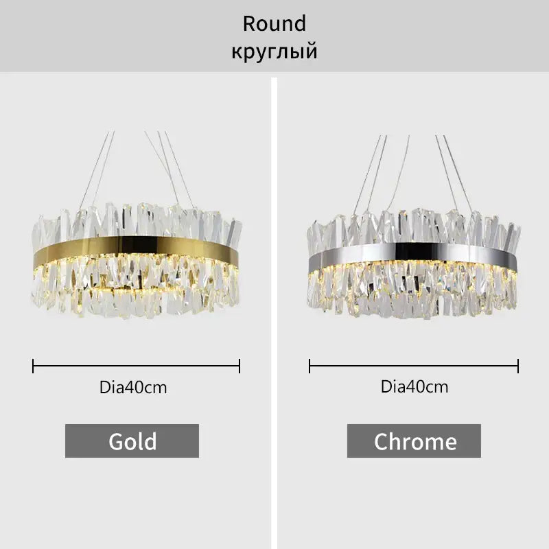 Modern gold crystal led pendant light featuring gold and chrome round frames with cascading clear crystal shards decorbites crystal led pendant