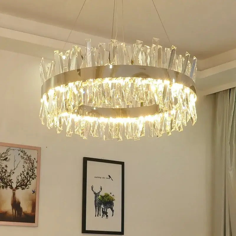 Modern gold crystal led pendant light with circular metallic frame and cascading prisms for kitchen decorbites crystal led decor