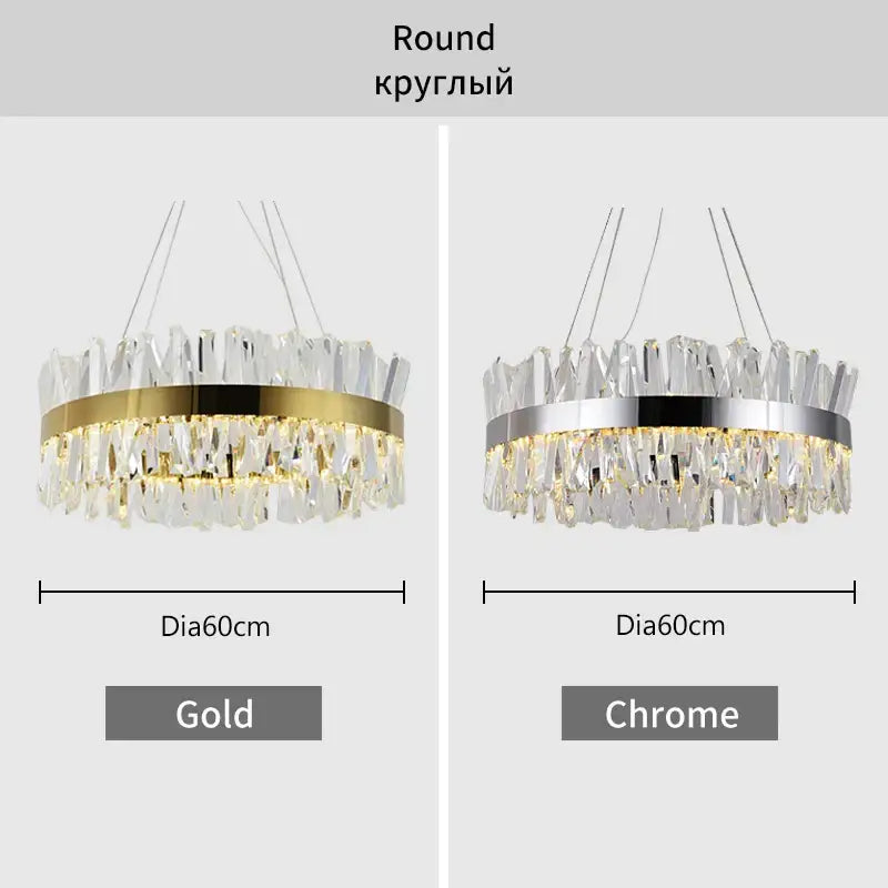 Modern gold crystal led pendant light with round frame and cascading clear crystals in gold or chrome finish decorbites crystal led