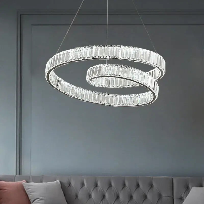 Modern gold crystal led pendant lights featuring a double-ring chandelier with clear faceted crystal decorbites crystal led elements