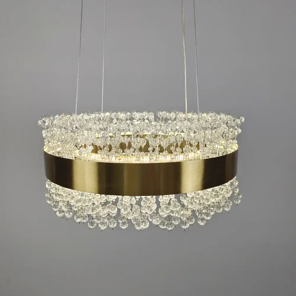 DecorBites led pendant lights with brushed gold circular band and clear crystal droplets for modern interior decor