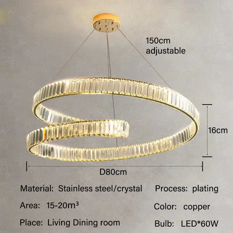 Copper-finished double-ring crystal led pendant with decorbites crystal led accents for modern dining room lighting