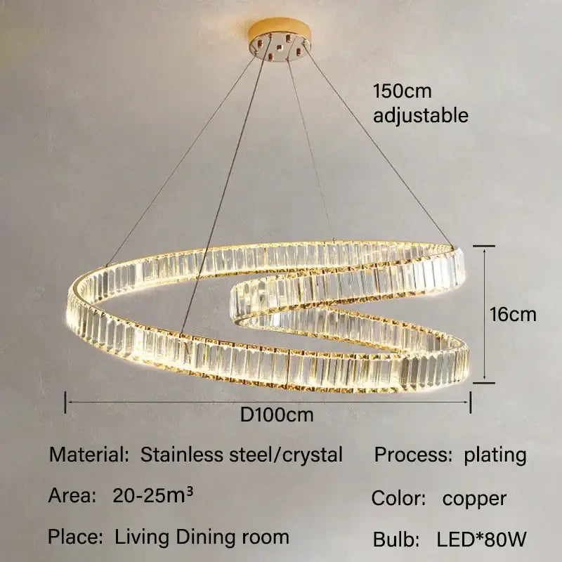 Copper-finished modern gold crystal led pendant light with interlocking crystal rings for dining room decorbites crystal led