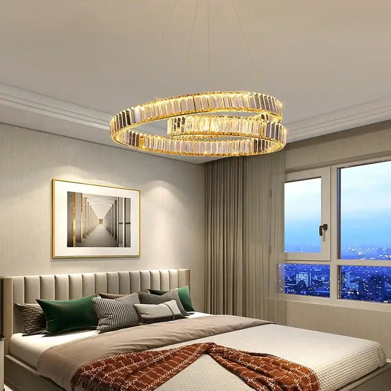 Modern gold crystal led pendant lights featuring a gold-toned crystal led pendant with two concentric rings for dining room decorbites crystal led
