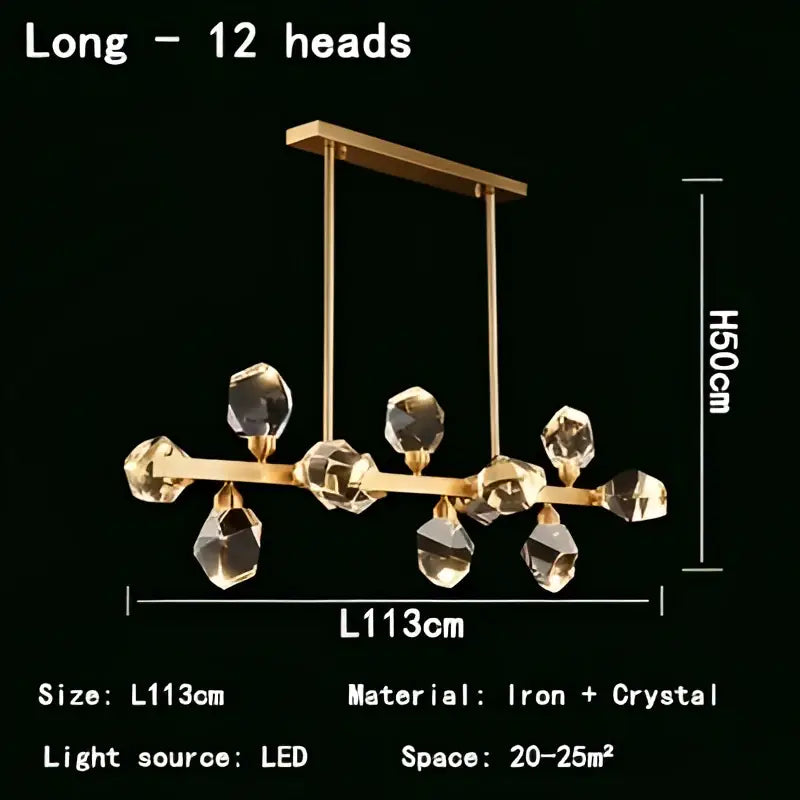 Modern gold crystal led pendant lights featuring twelve faceted crystal lights suspended from an iron frame