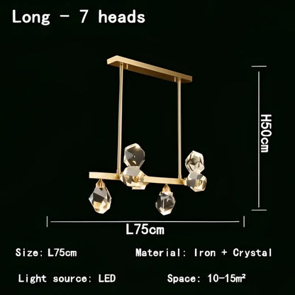 Modern gold crystal led pendant lights featuring seven faceted crystal pendants on an iron frame for dining room