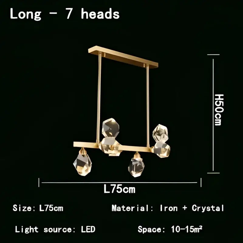 Modern gold crystal led pendant lights featuring seven faceted crystal pendants on an iron frame for dining room