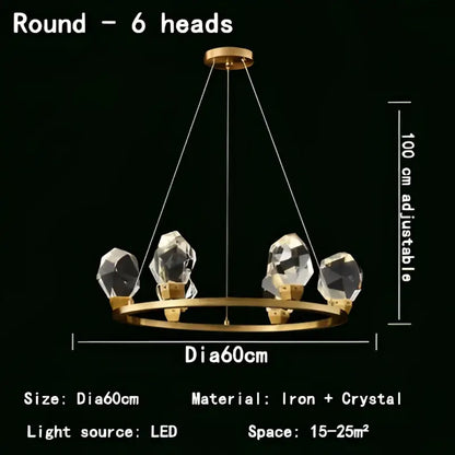 Modern gold crystal led pendant lights featuring six faceted crystal led pendant lights in a circular ring design