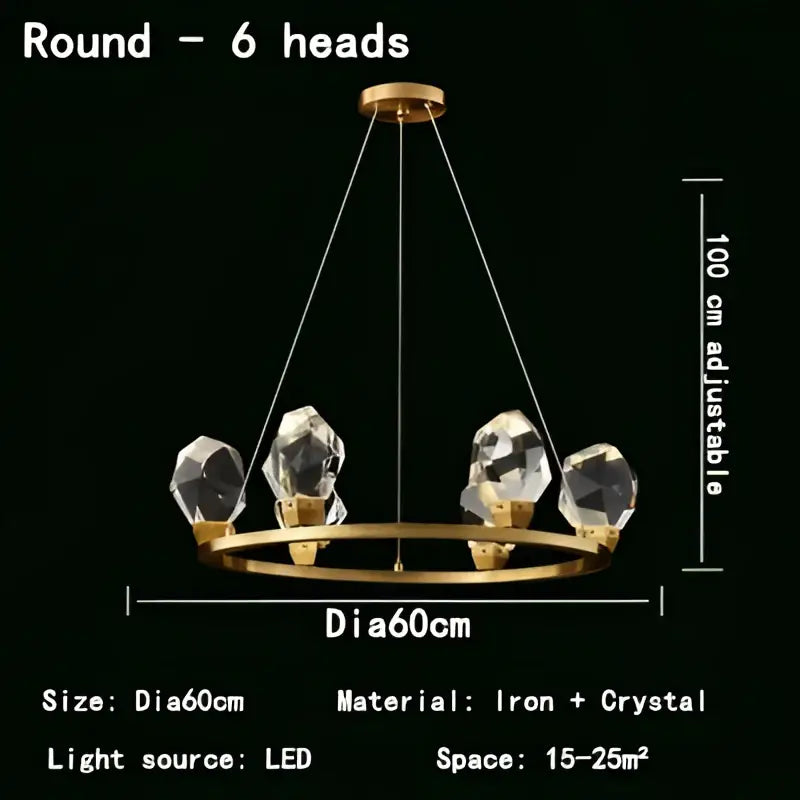 Modern gold crystal led pendant lights featuring six faceted crystal led pendant lights in a circular ring design