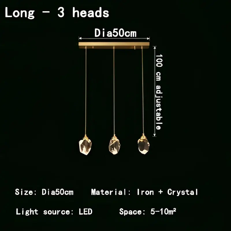 Modern gold-toned three-head led pendant lights with dangling crystal pendants for dining room illumination